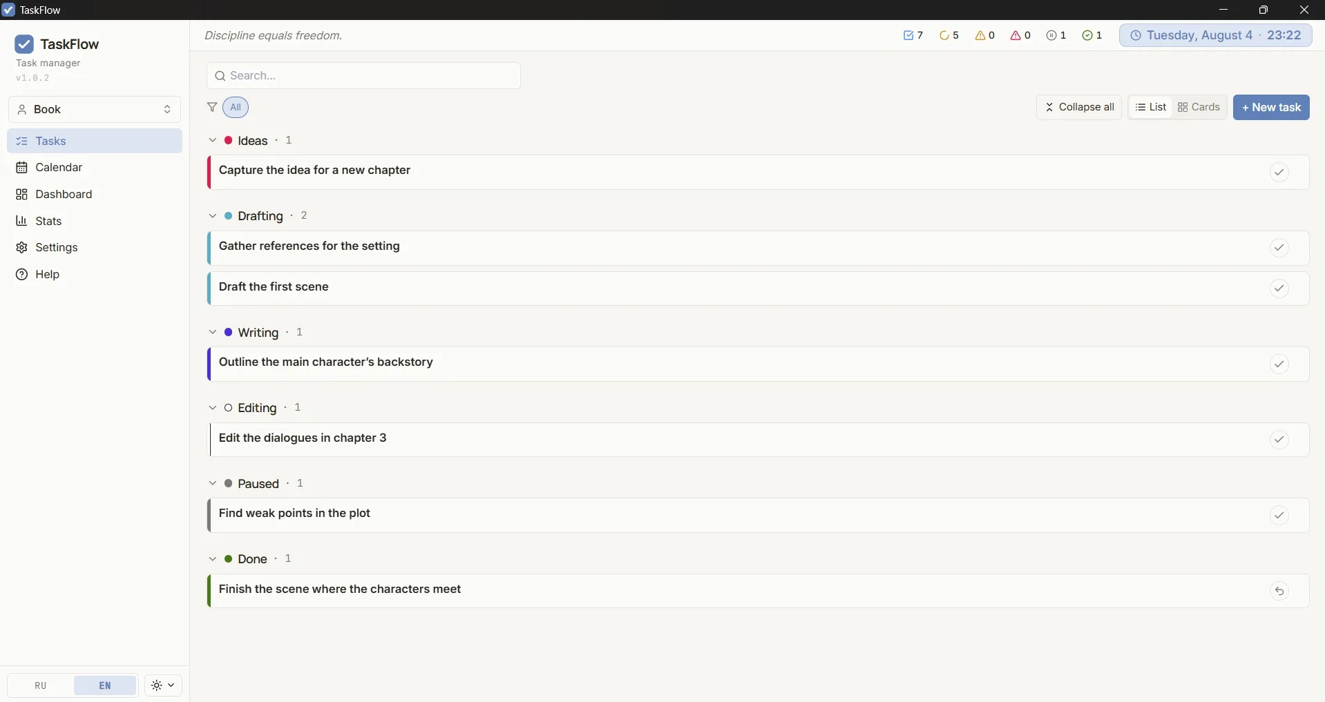 Book workspace in TaskFlow: statuses for a creative writing process