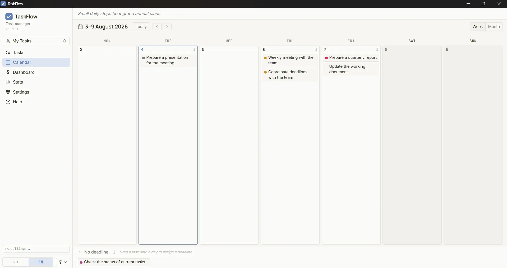 TaskFlow calendar: weekly view with tasks by day
