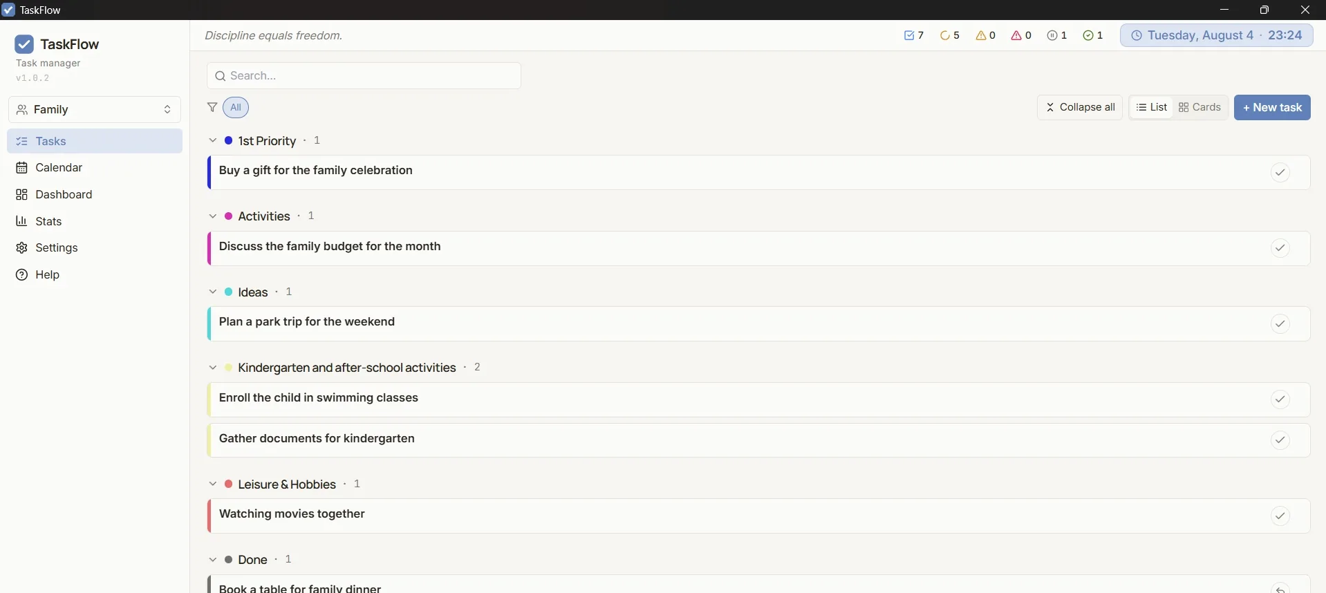 Family workspace in TaskFlow: shared errands and plans