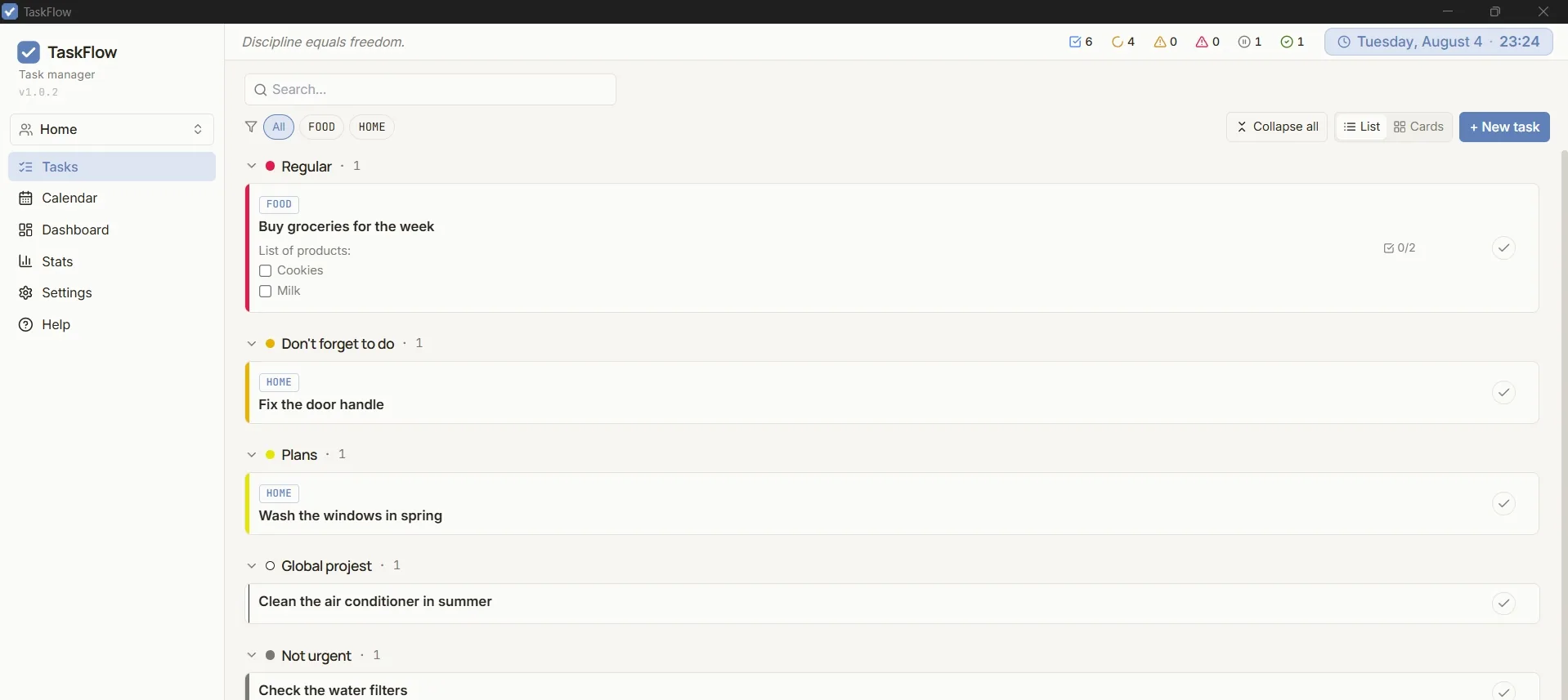 Home workspace in TaskFlow: chores and household tasks