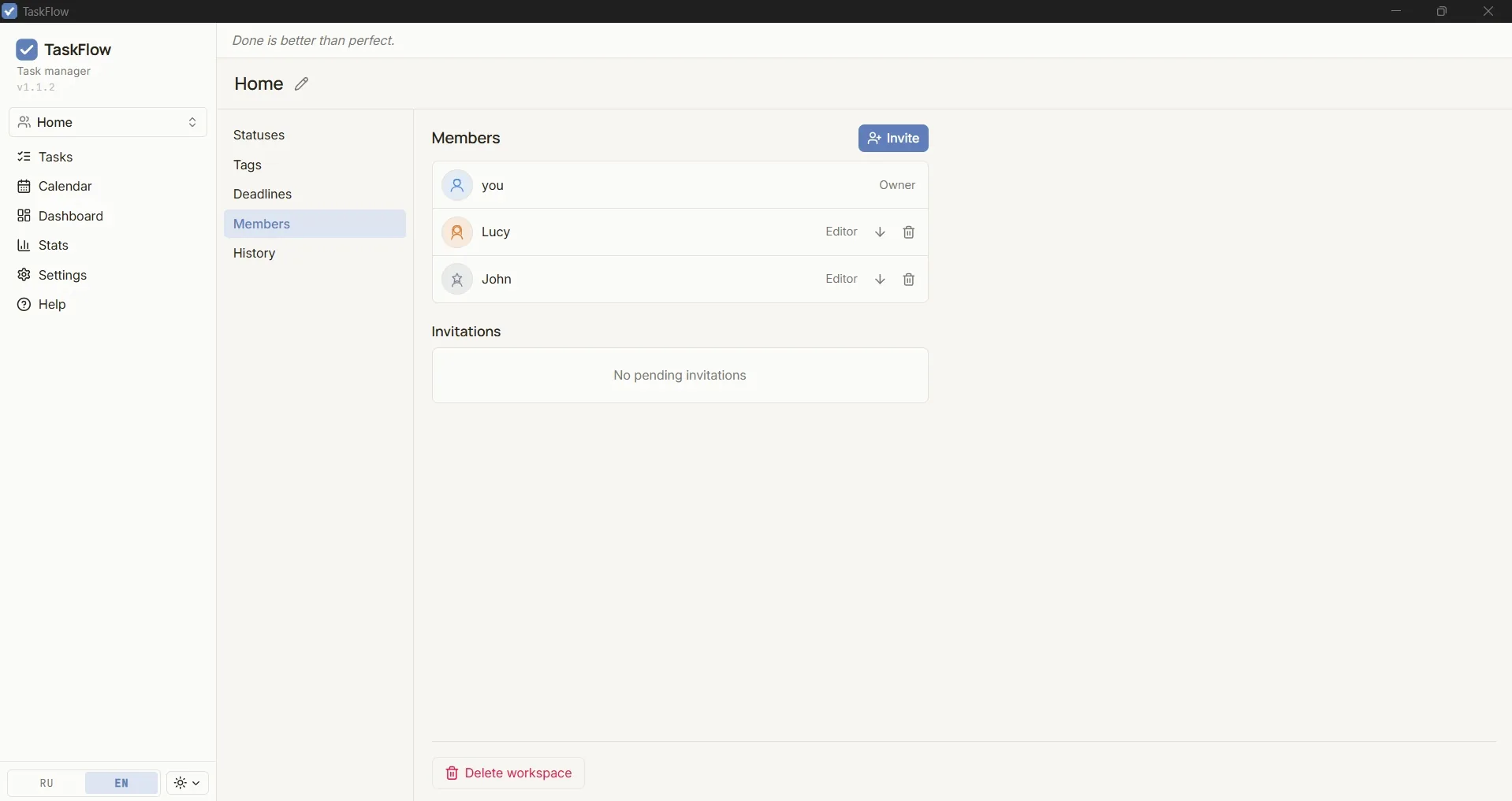 Shared workspace members in TaskFlow with Owner and Editor roles