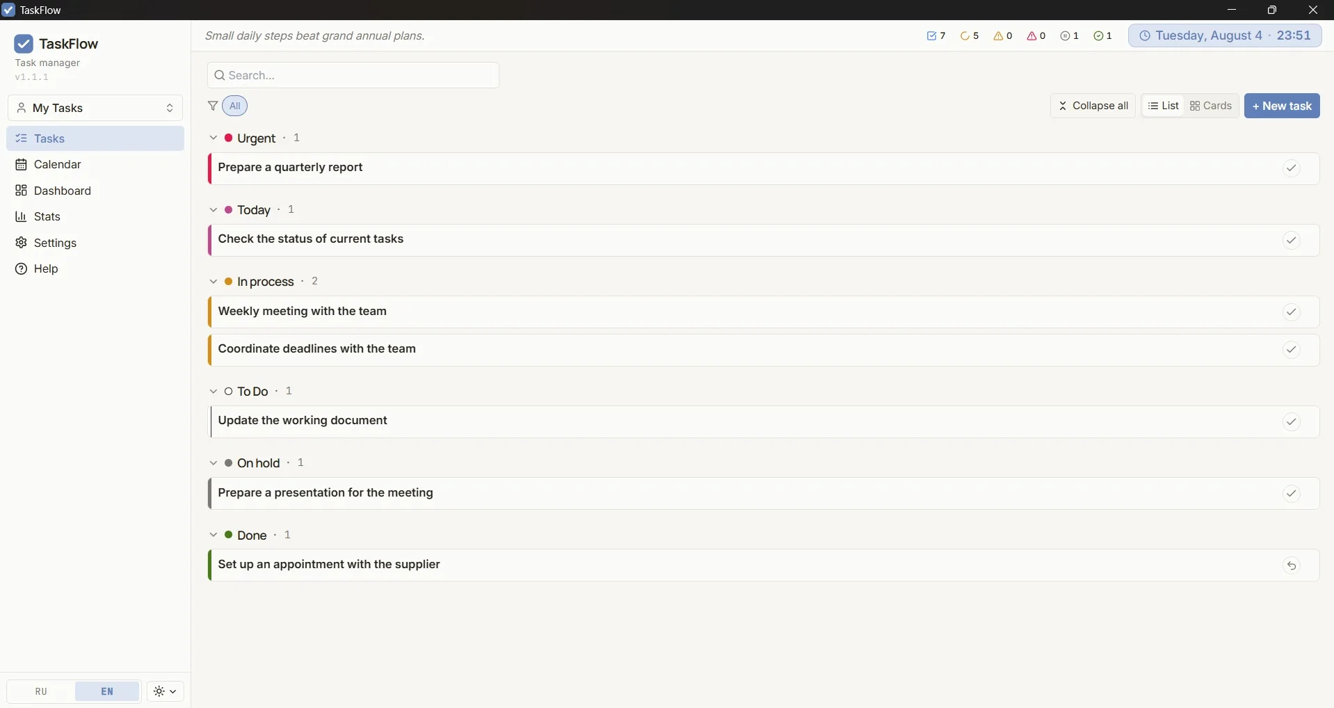 My Tasks workspace in TaskFlow: task list by status, sidebar, category filters